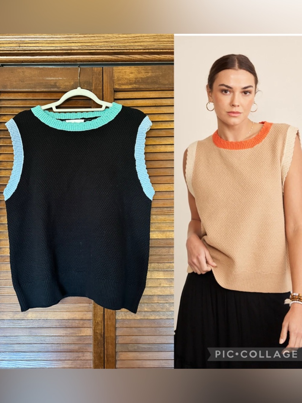 In February Sleeveless Knit Contrast Sweater Vest Black with Mint Trim sz small